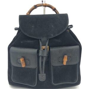 Gucci Black Suede Backpack with Bamboo Accents
